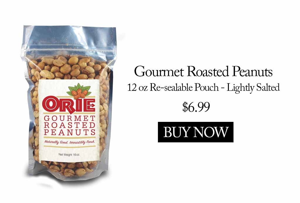 A bag of gourmet roasted peanuts is shown.